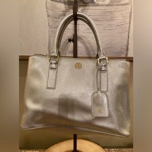 TORY BURCH ROBINSON TOTE BAG SAFFIANO LEATHER Crossbody PURSE‎ Silver